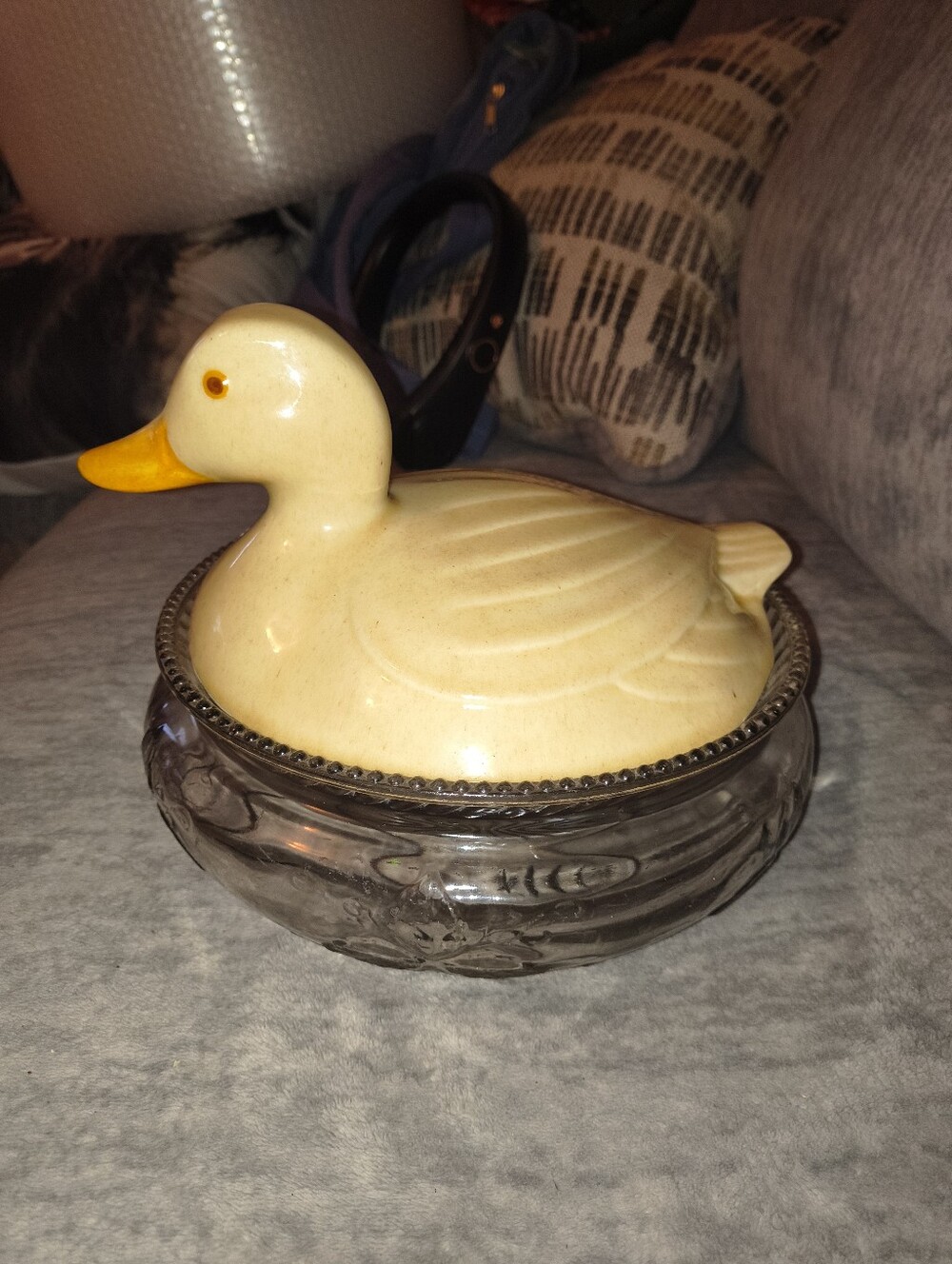 Vintage Ceramic Yellow Duck Trinket Dish with Glass Base